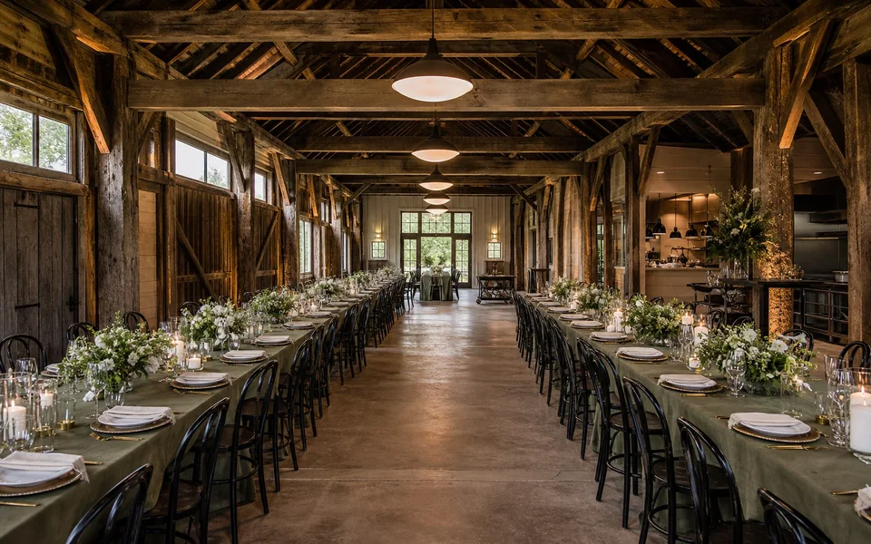 A timber barn venue with dinner tables ready for guests