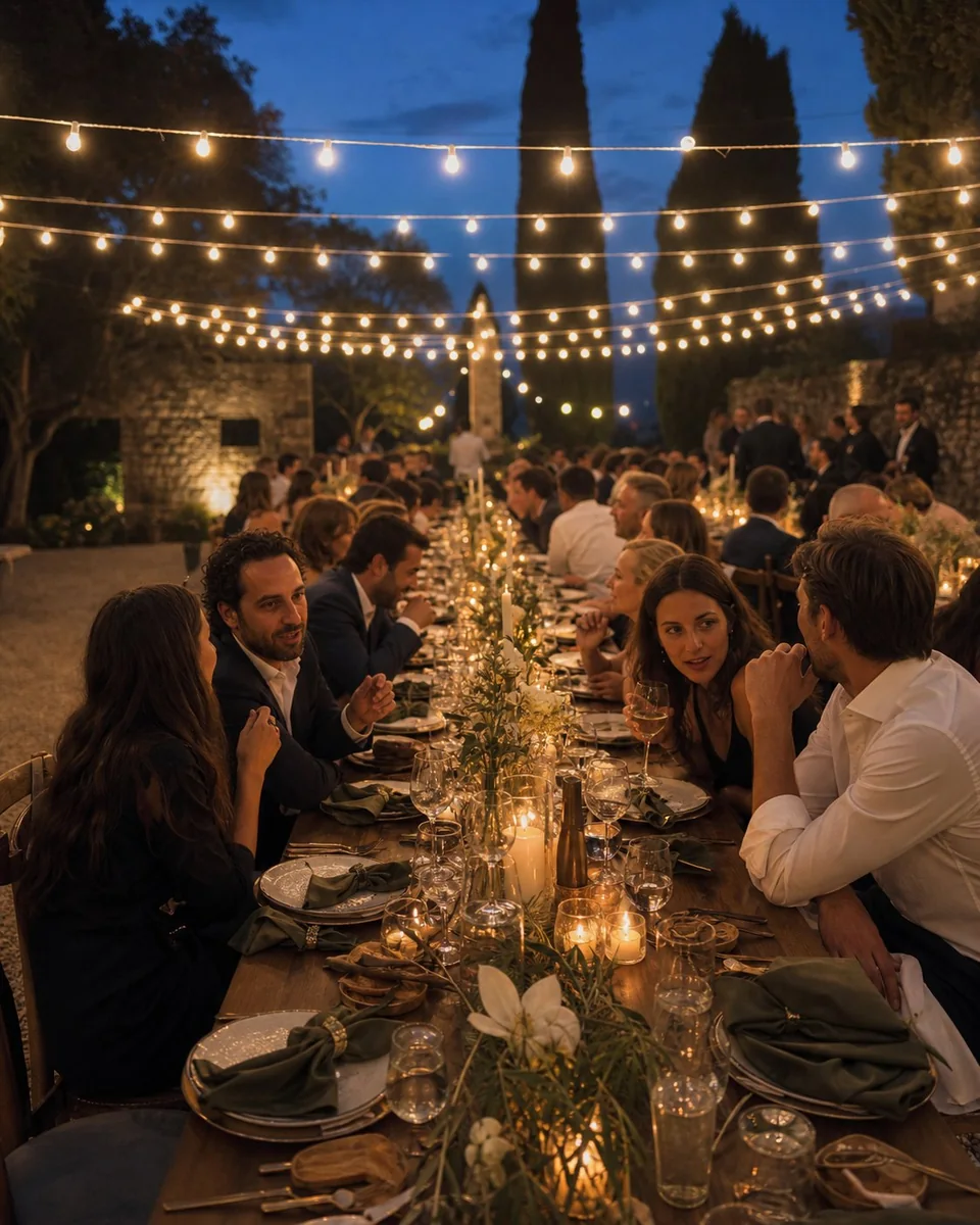 Friends sharing a candlelit dinner beneath string lights at dusk